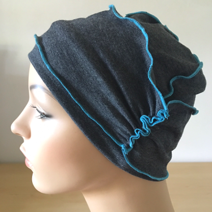 Charcoal-and-Turqouise inside-Out Beanie - side view