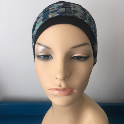Black Sleep Cap with Mint and Blue Abstract print headband