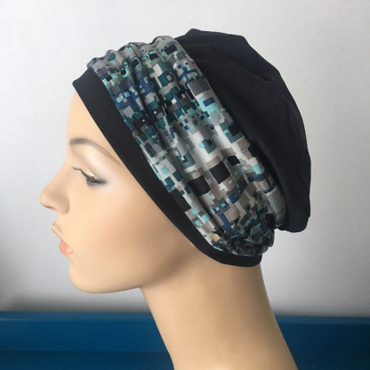 Black Sleep Cap with Mint and Blue Abstract print headband