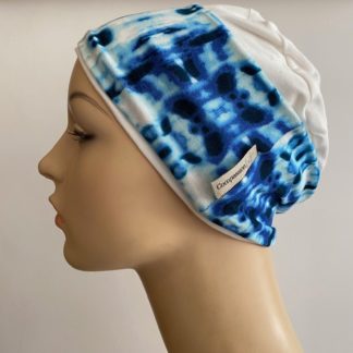 Sleep Cap - Ivory with Blue Tie Dye print removable Headband - A CANSA smart choice product