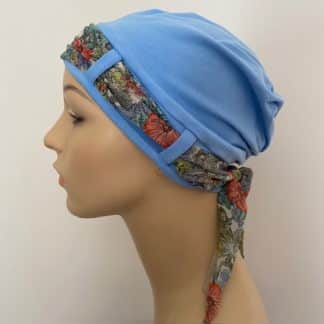 Landa Turban with Scarf - Sky Blue - Coral and Mint floral scarf - A CANSA smart choice product