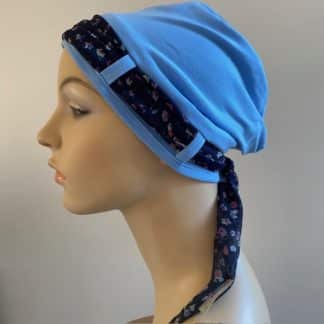 Landa Turban with Scarf - Sky Blue - Navy Fine Floral scarf - A CANSA smart choice product