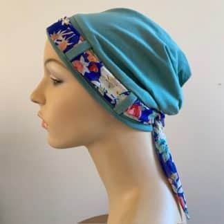 Landa Turban with Scarf - Sage - Coral and Royal Blue floral scarf - A CANSA smart choice product