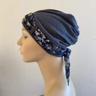 Landa Turban with Scarf - Charcoal - Denim and Grey floral scarf - A CANSA smart choice product